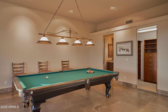 game room featuring baseboards, pool table, and visible vents