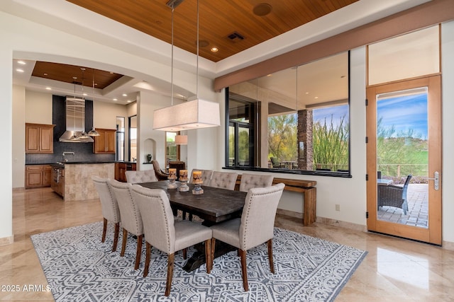 10267 E Cinder Cone Trl, Scottsdale, AZ 85262 - dining space with a tray ceiling, wooden ceiling, and recessed lighting