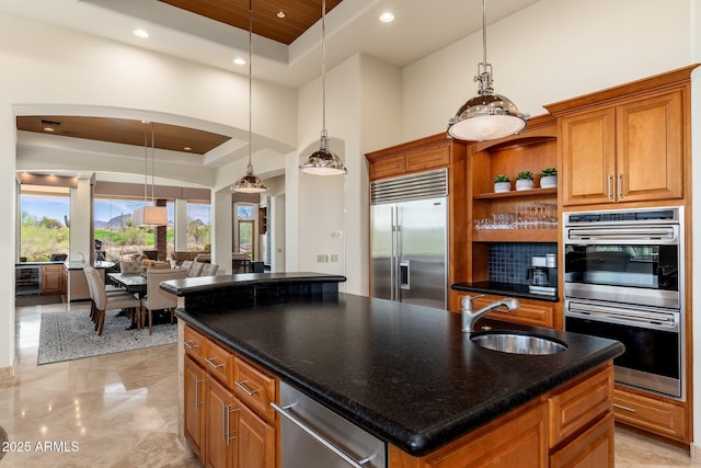 10267 E Cinder Cone Trl, Scottsdale, AZ 85262 - kitchen featuring appliances with stainless steel finishes, a raised ceiling, a sink, open shelves, and a towering ceiling