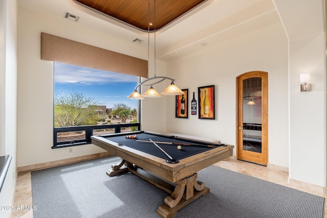 10267 E Cinder Cone Trl, Scottsdale, AZ 85262 - rec room featuring pool table, baseboards, wooden ceiling, and arched walkways
