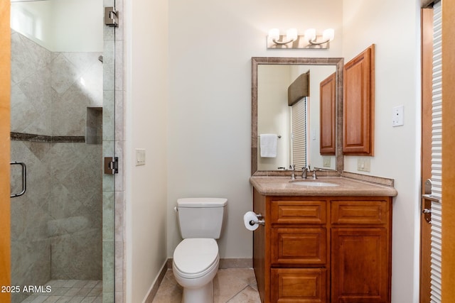 10267 E Cinder Cone Trl, Scottsdale, AZ 85262 - full bathroom with toilet, a stall shower, vanity, tile patterned floors, and baseboards