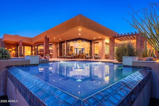 10267 E Cinder Cone Trl, Scottsdale, AZ 85262 - outdoor pool with an outdoor hangout area, ceiling fan, and a patio