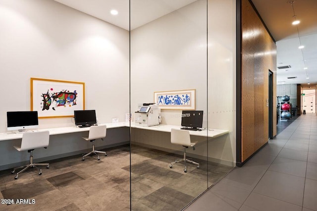 home office featuring recessed lighting and built in desk