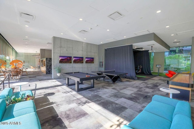 recreation room featuring visible vents, recessed lighting, and pool table