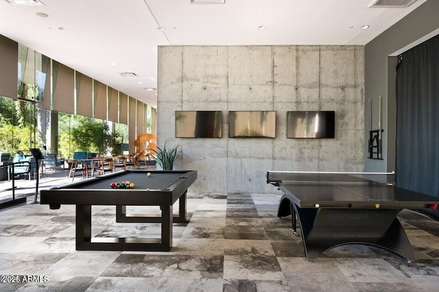 recreation room with visible vents, floor to ceiling windows, and billiards