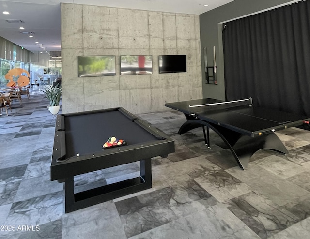 recreation room featuring recessed lighting, visible vents, and billiards