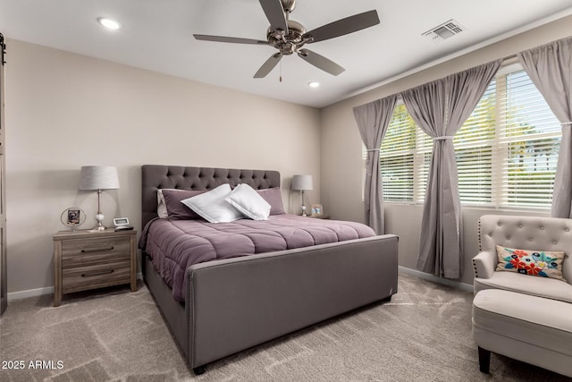 2229 N 139th Dr, Goodyear, AZ 85395 - bedroom with ceiling fan, visible vents, baseboards, light carpet, and recessed lighting