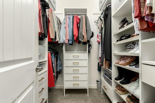 walk in closet with dark carpet