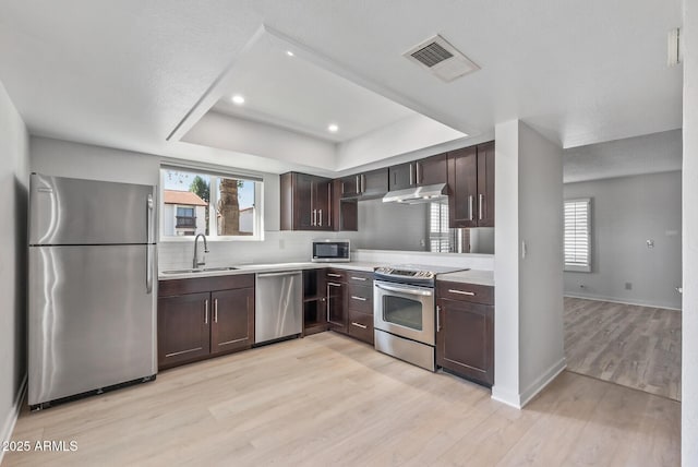 kitchen with visible vents, a tray ceiling, a sink, under cabinet range hood, and appliances with stainless steel finishes