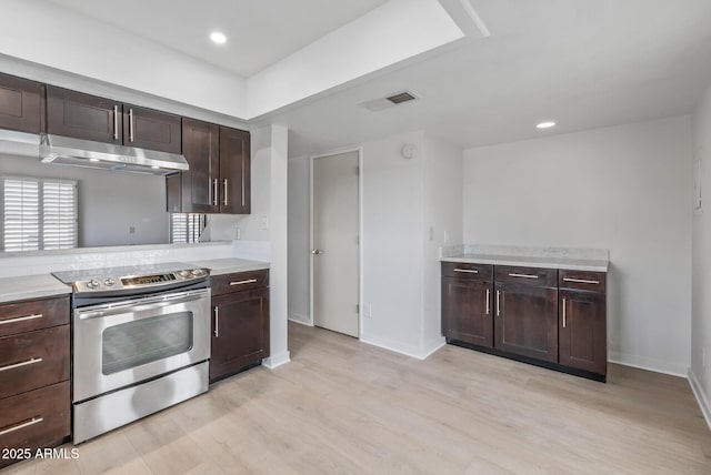 kitchen featuring electric stove, under cabinet range hood, light wood-style floors, dark brown cabinetry, and light countertops