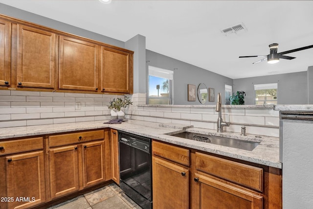 1314 S Bridgegate Dr, Gilbert, AZ 85296 - kitchen featuring dishwasher, a sink, stainless steel dishwasher, tasteful backsplash, and brown cabinetry