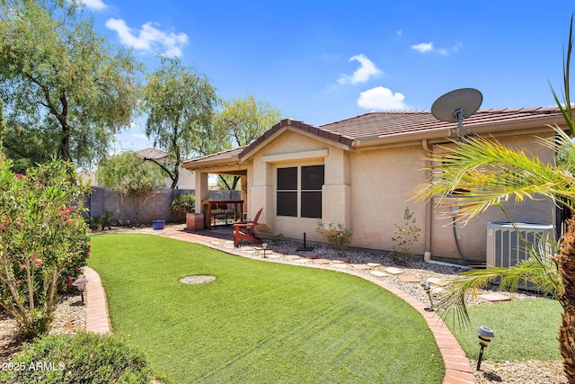 1314 S Bridgegate Dr, Gilbert, AZ 85296 - rear view of house featuring cooling unit, stucco siding, a tiled roof, and a patio