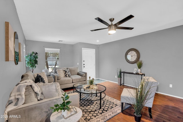 1314 S Bridgegate Dr, Gilbert, AZ 85296 - living room featuring a ceiling fan, wood finished floors, and baseboards