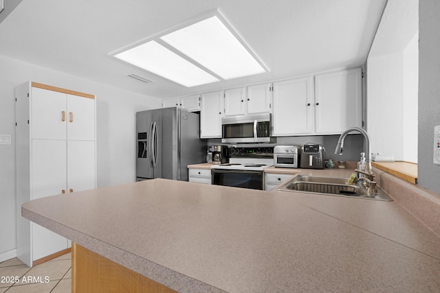 1604 W Kerry Ln, Phoenix, AZ 85027 - kitchen featuring a peninsula, light tile patterned flooring, white cabinets, stainless steel appliances, and a sink