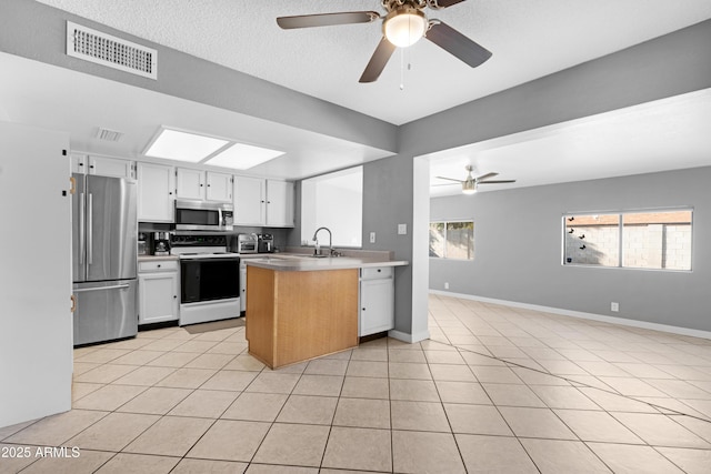 1604 W Kerry Ln, Phoenix, AZ 85027 - kitchen featuring visible vents, a ceiling fan, open floor plan, a peninsula, and appliances with stainless steel finishes