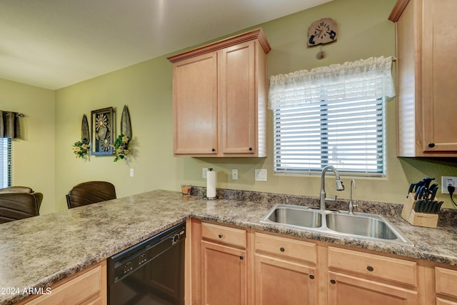 kitchen with dishwasher, light brown cabinets, and sink