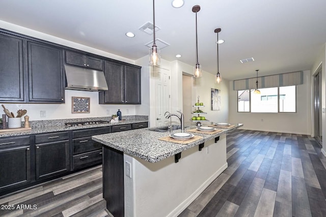 kitchen with dark wood-style floors, visible vents, a sink, and under cabinet range hood