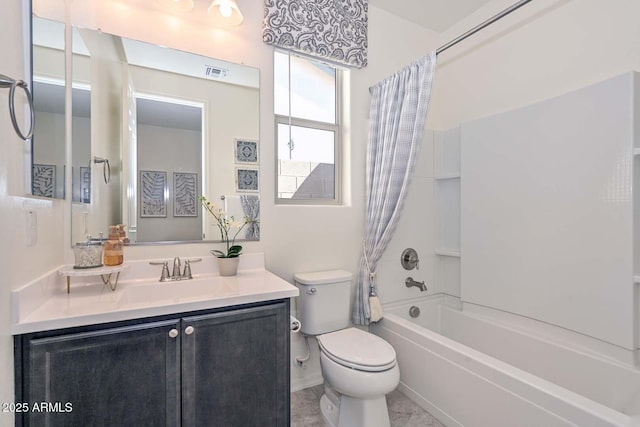 bathroom with toilet, visible vents, shower / bath combination with curtain, and vanity