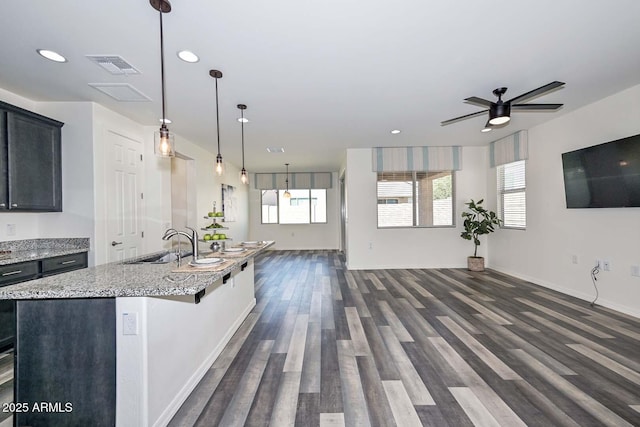 kitchen featuring visible vents, light stone counters, open floor plan, dark wood-type flooring, and a sink