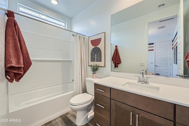 3339 S Lily Ave, Mesa, AZ 85212 - bathroom with shower / tub combo with curtain, vanity, toilet, and wood finished floors