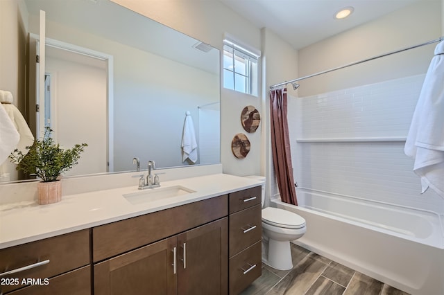 3339 S Lily Ave, Mesa, AZ 85212 - full bath with vanity, toilet, shower / bath combination with curtain, wood finished floors, and recessed lighting