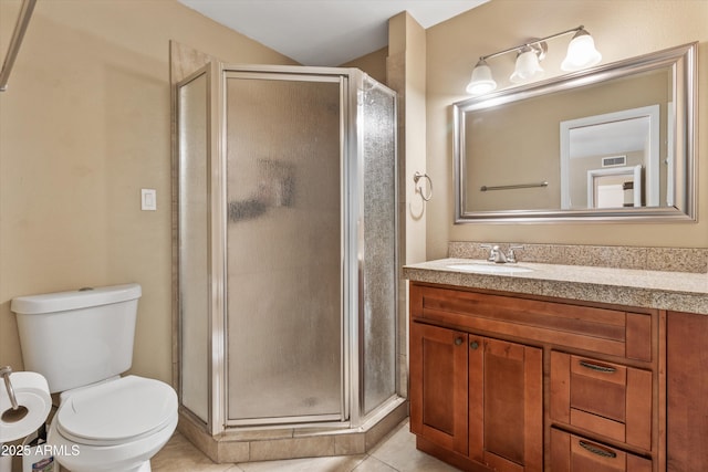 bathroom featuring tile patterned floors, visible vents, toilet, a shower stall, and vanity