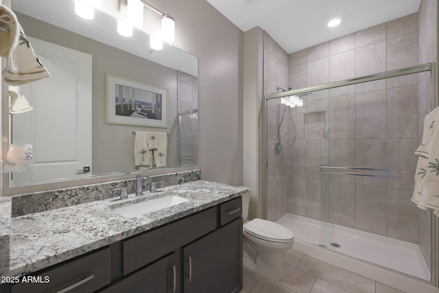 bathroom featuring vanity, an enclosed shower, tile patterned floors, and toilet