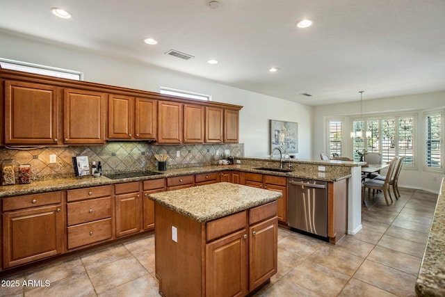 kitchen featuring sink, tasteful backsplash, a center island, dishwasher, and pendant lighting