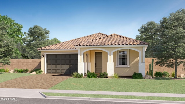 mediterranean / spanish-style home featuring an attached garage, a tile roof, fence, decorative driveway, and stucco siding