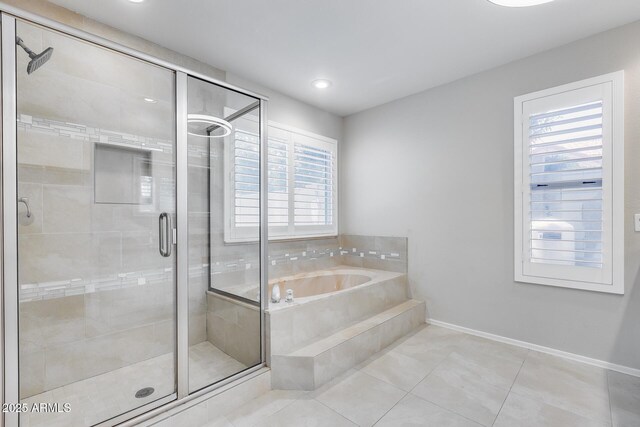 11217 E Laurel Ln, Scottsdale, AZ 85259 - bathroom with a garden tub, a shower stall, tile patterned flooring, and recessed lighting