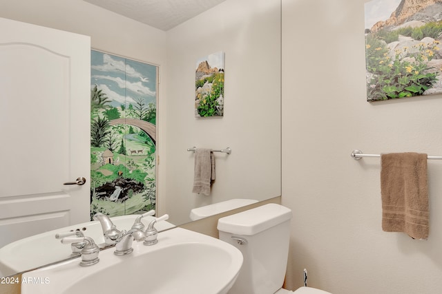 bathroom with toilet, a textured ceiling, and sink