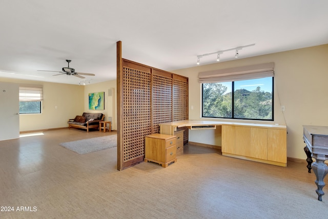 office featuring a wealth of natural light, light carpet, and ceiling fan