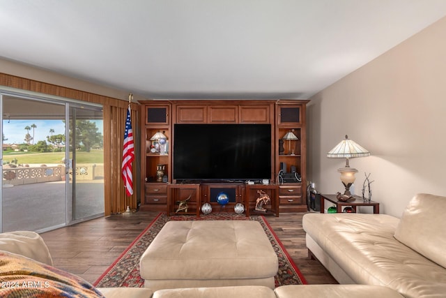 living room with dark hardwood / wood-style flooring