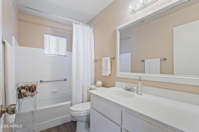 full bathroom with toilet, shower / bath combination with curtain, hardwood / wood-style floors, and vanity