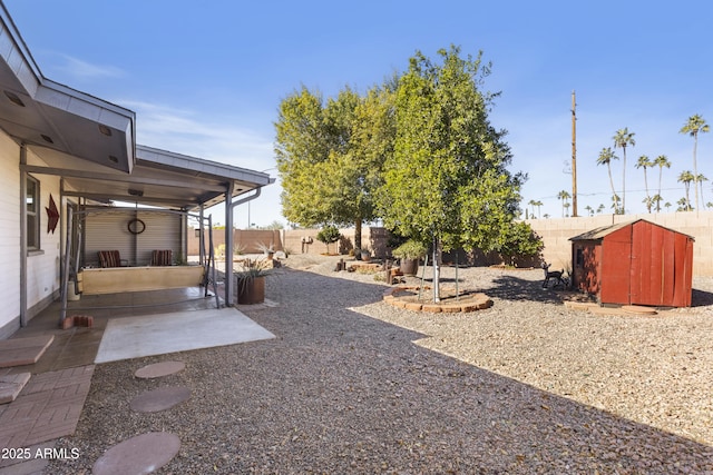 view of yard featuring a patio area and a shed