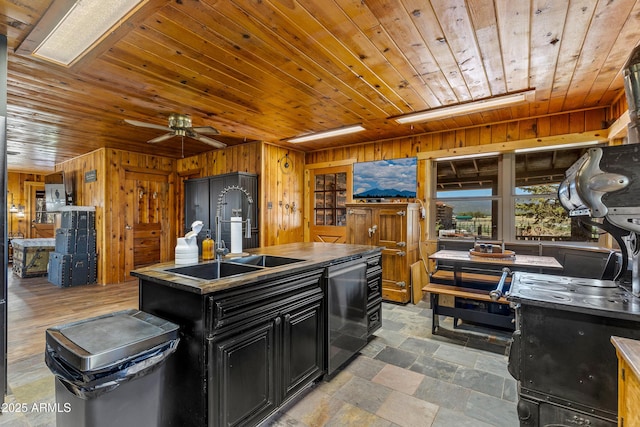 1551 Mormon Lake Rd, Mormon Lake, AZ 86038 - kitchen featuring wood ceiling, wood walls, a sink, stainless steel dishwasher, and dark cabinets