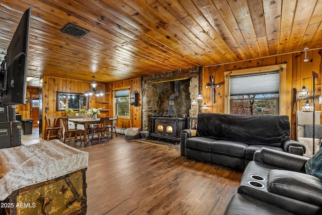 1551 Mormon Lake Rd, Mormon Lake, AZ 86038 - living room with wood walls, a wood stove, wood finished floors, and wooden ceiling
