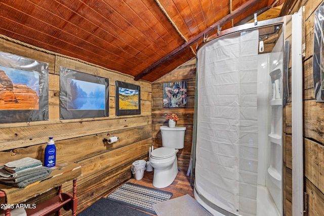 1551 Mormon Lake Rd, Mormon Lake, AZ 86038 - full bath featuring wood ceiling, lofted ceiling, toilet, a stall shower, and wooden walls