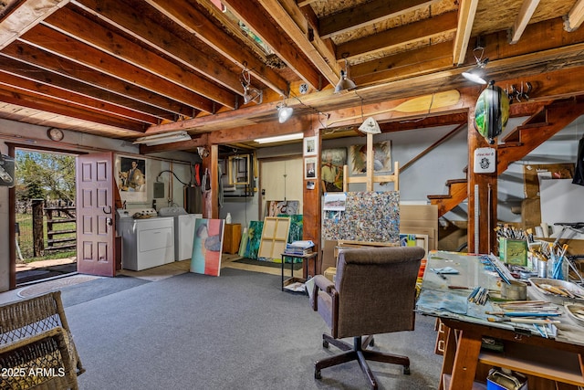 1551 Mormon Lake Rd, Mormon Lake, AZ 86038 - below grade area featuring washer and dryer, carpet, and stairs