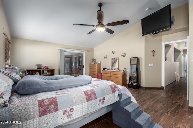 1147 N Marvin St, Gilbert, AZ 85233 - bedroom with vaulted ceiling, wood finished floors, a ceiling fan, baseboards, and access to exterior