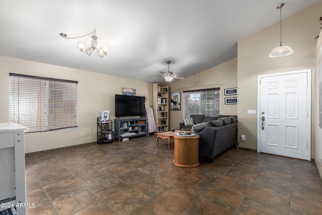 1147 N Marvin St, Gilbert, AZ 85233 - living area featuring vaulted ceiling, ceiling fan, baseboards, and a chandelier