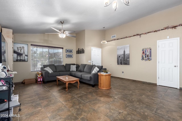1147 N Marvin St, Gilbert, AZ 85233 - living area featuring vaulted ceiling, ceiling fan, and baseboards