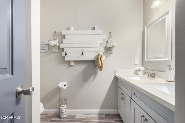 bathroom featuring vanity, toilet, and hardwood / wood-style flooring