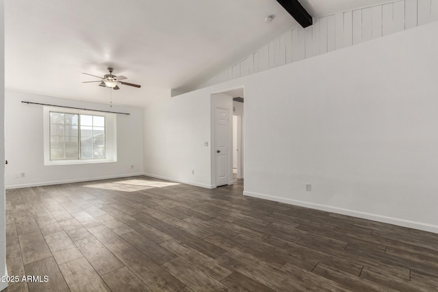 unfurnished room with dark wood-type flooring, lofted ceiling with beams, and ceiling fan