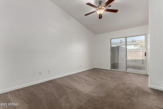 empty room with ceiling fan, high vaulted ceiling, and carpet flooring