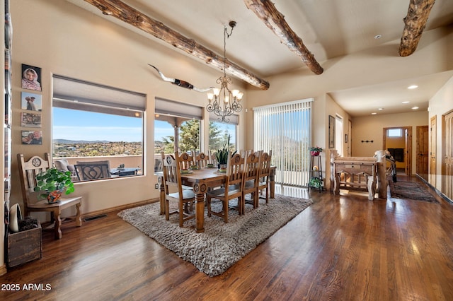 2259 Whitetail Ln, Prescott, AZ 86301 - dining area featuring dark wood-style flooring, baseboards, recessed lighting, a notable chandelier, and beamed ceiling