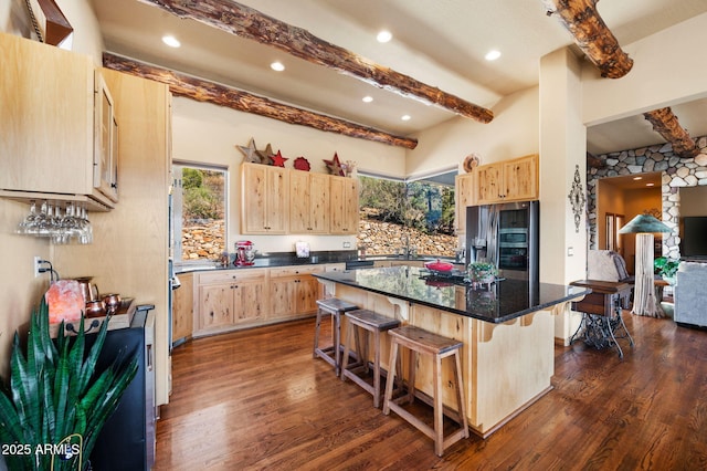 2259 Whitetail Ln, Prescott, AZ 86301 - kitchen with light brown cabinetry, beamed ceiling, stainless steel refrigerator with ice dispenser, dark wood-type flooring, and a kitchen island