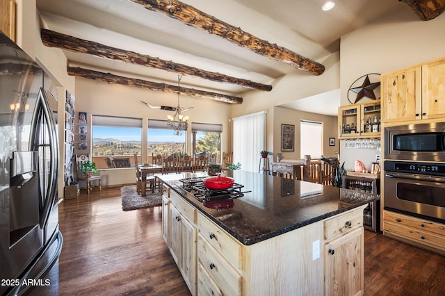 2259 Whitetail Ln, Prescott, AZ 86301 - kitchen featuring light brown cabinets, an inviting chandelier, stainless steel appliances, beamed ceiling, and dark wood finished floors