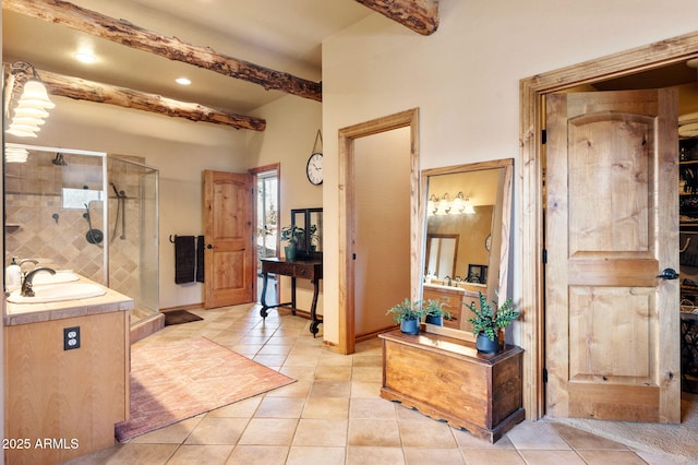 2259 Whitetail Ln, Prescott, AZ 86301 - full bath with recessed lighting, tile patterned floors, vanity, beam ceiling, and a stall shower