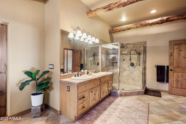 2259 Whitetail Ln, Prescott, AZ 86301 - bathroom with a shower stall, tile patterned floors, a sink, and beamed ceiling